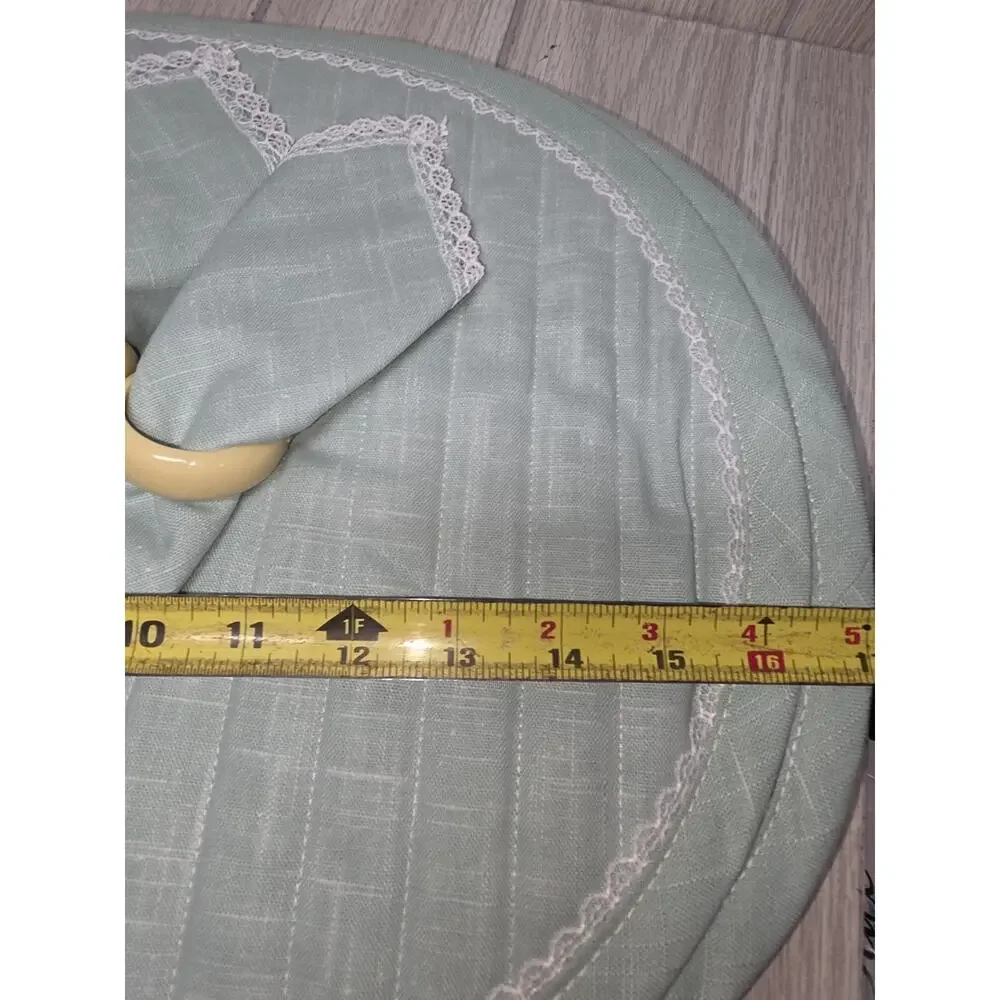 Vintage 12 Piece Linen Set Sage Green Lace Trim Placemats Napkins/Rings